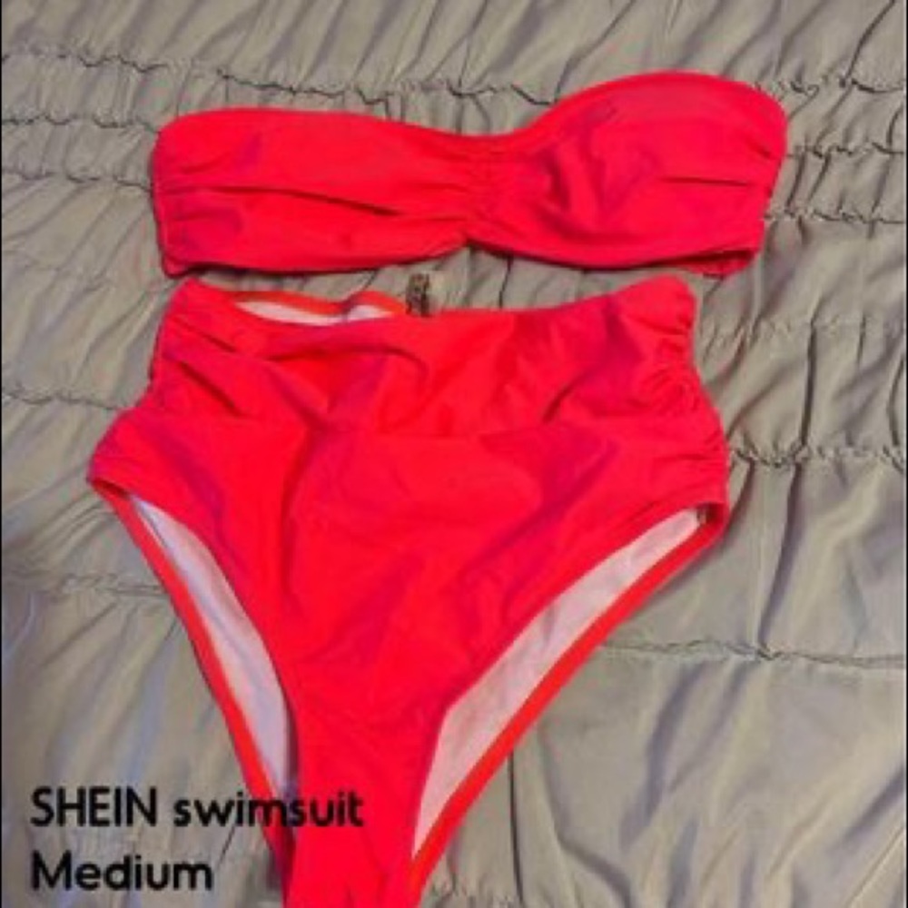 Hot pink SHEIN strapless high waisted bikini